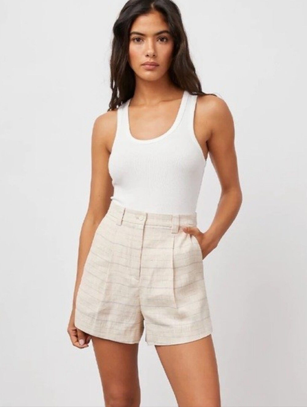 Rails Ilena Sand Check Creme And Blue Linen Blend High Waist Shorts Size 4